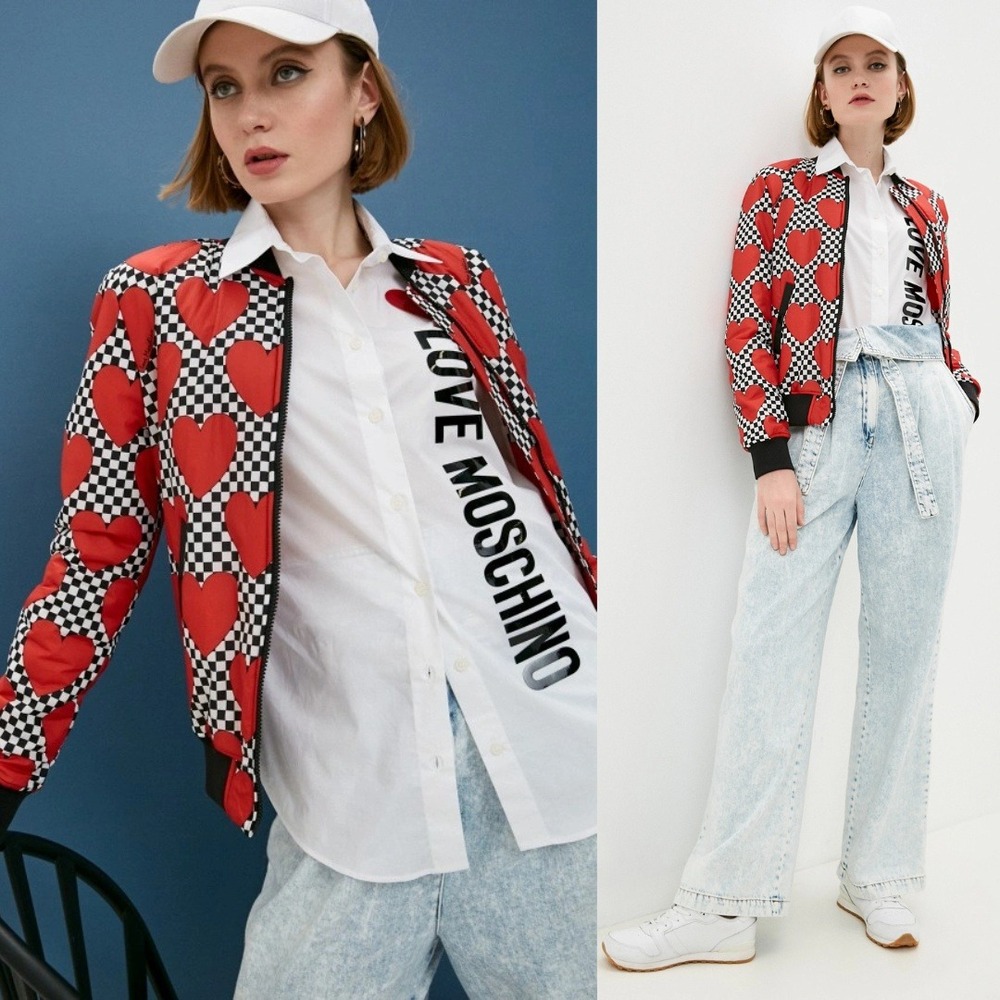Love Moschino Heart Checkered Bomber Jacket Red Black White Size 6